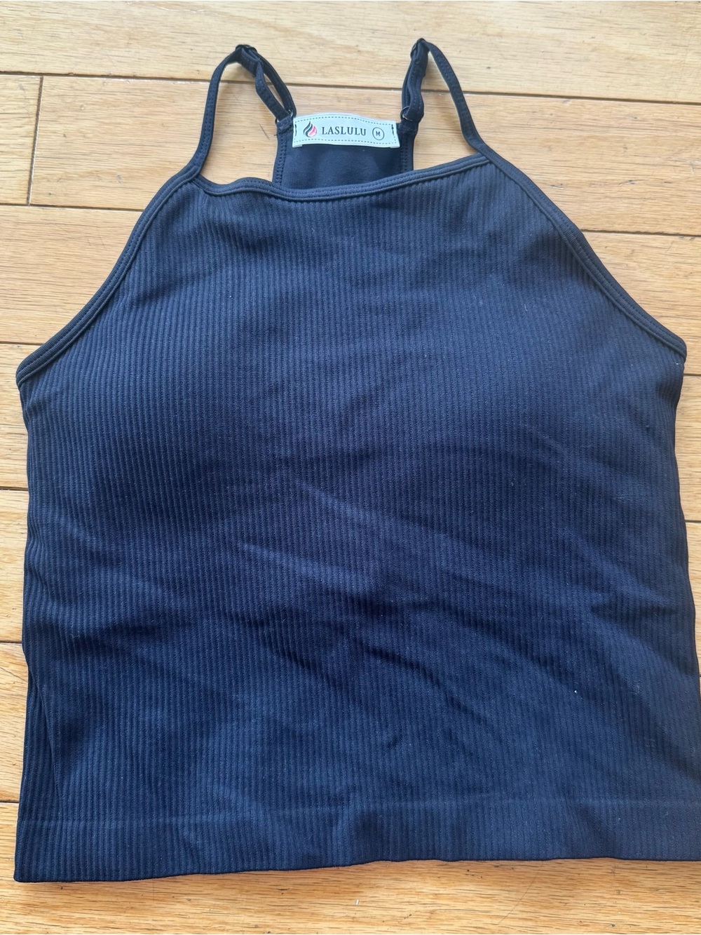 Modern Black Ribbed Square Neck Workout Tank Top Built-In Bra Size M